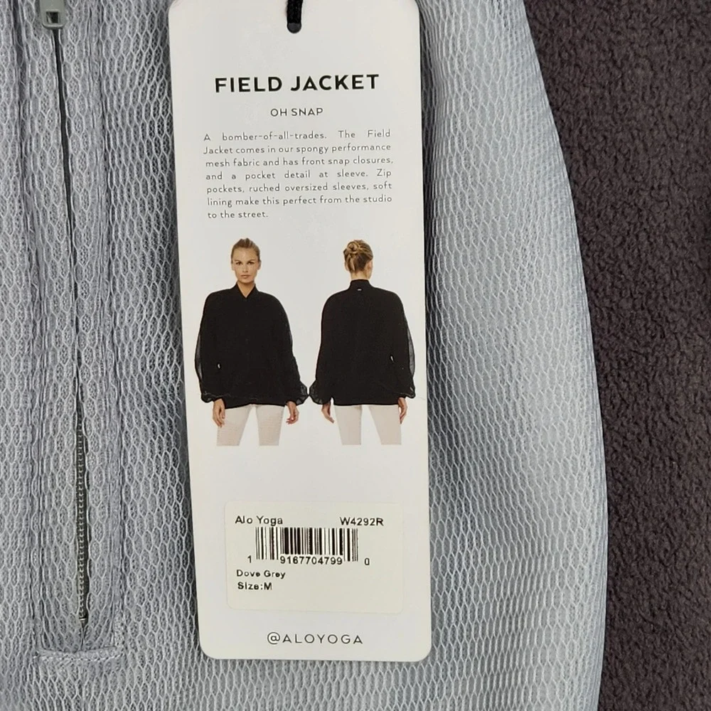 Alo Yoga Field Jacket Womens Medium Dove Grey Mesh Bomber Ruched Sleeve Snap NEW